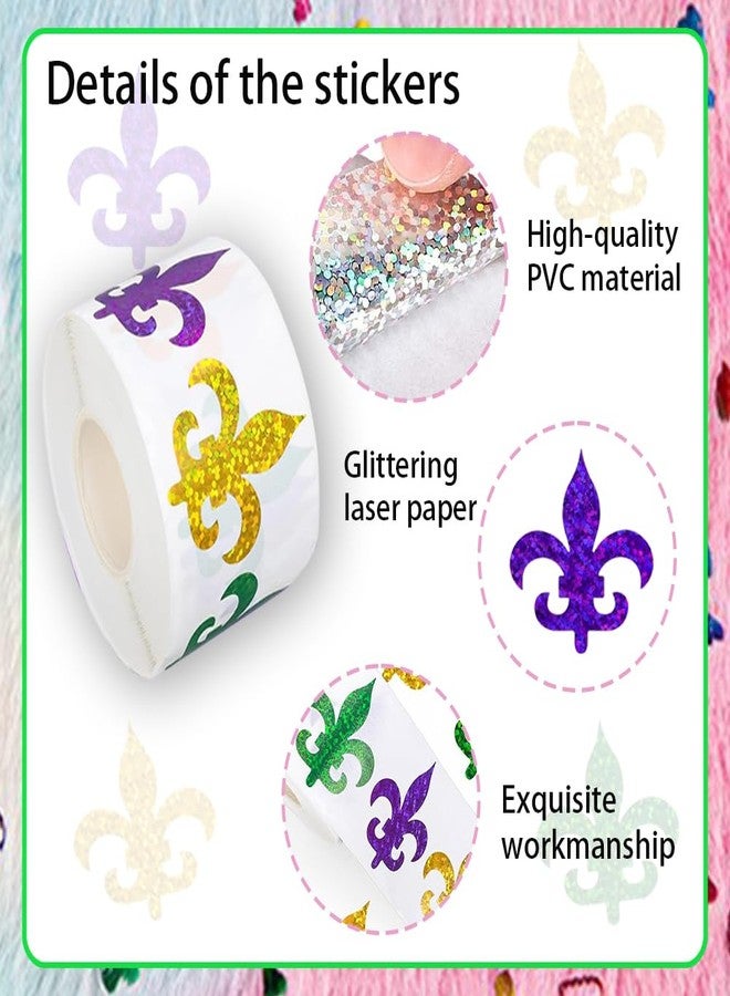 RUPOFUZA 500Pcs Mardi Gras Stickers Roll 1.2in Laser Fleur de Lis Seal Stickers Yellow Green Purple Waterproof Label Tag Self-Adhesive Decals for Carnival Party Supplies Envelope Journal Decorations - Image 5